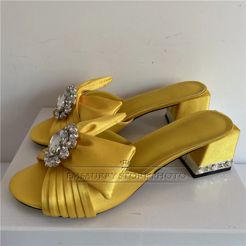 Pleated Satin Butterfly-knot Sandals For Girls Women Jeweled Crystal Square Heel Slingbacks Diamond Rhinestone Mules Lady Summer