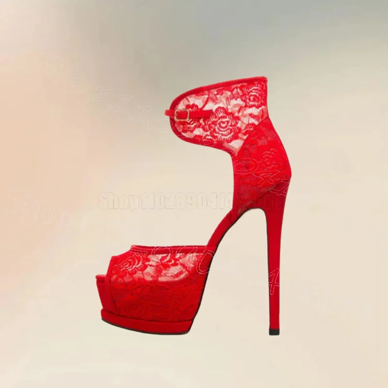 

Red Floral Lace Design Peep Toe Platform Pumps Buckle Strap Women Shoes Thin High Heels Party Banquet 2024 Zapatos Para Mujere