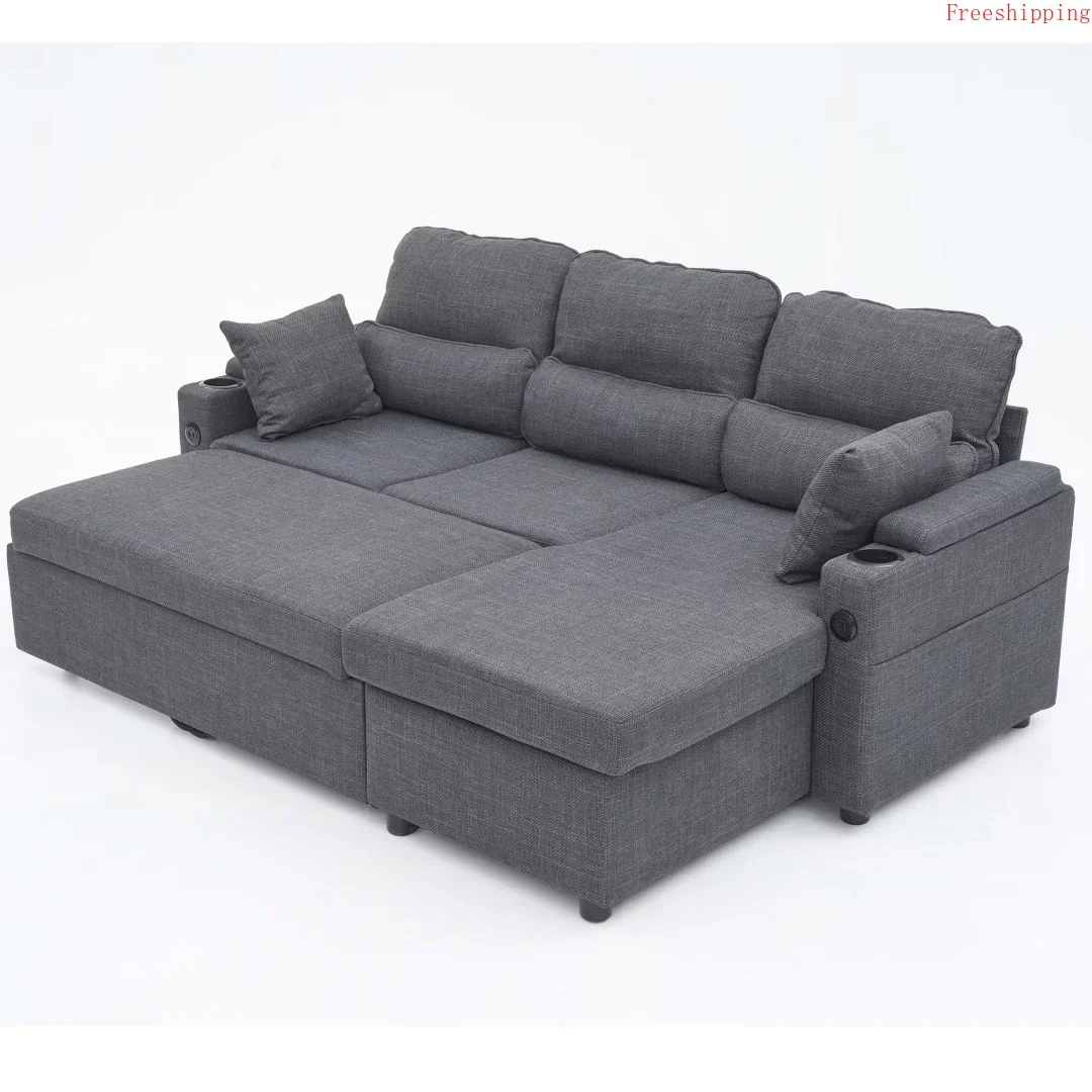 

Convertible Sleeper Sofa 2-in-1, L-Shaped Sectional Futon Sofa Bed with Storage, USB Ports & Cup Holders