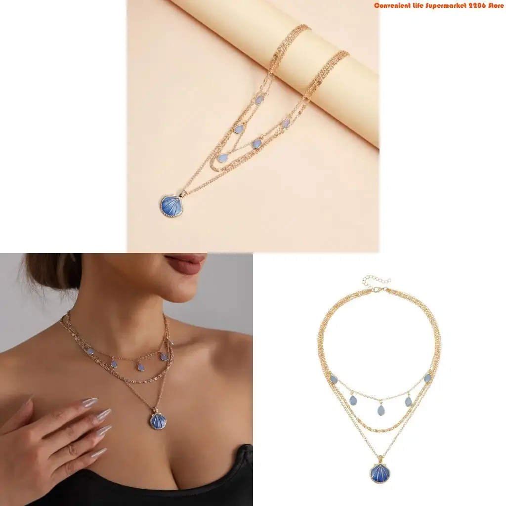 Q5WE Stackable Blue Sea Shell Necklace Vintage Alloy Jewelry Layering Fashion Accessory