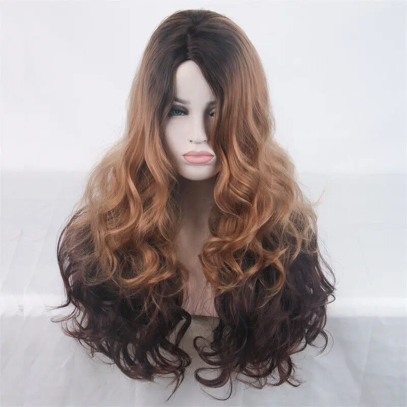 Golden brown gradient female partial long curly hair big wave head cover wig