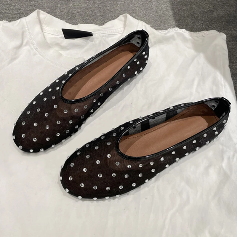 جولة اصبع القدم التطريز تصميم ماري جين أحذية نسائية شبكة الشاش التهوية شقة القاع أحذية واحدة الربيع الصيف أحذية الباليه #6