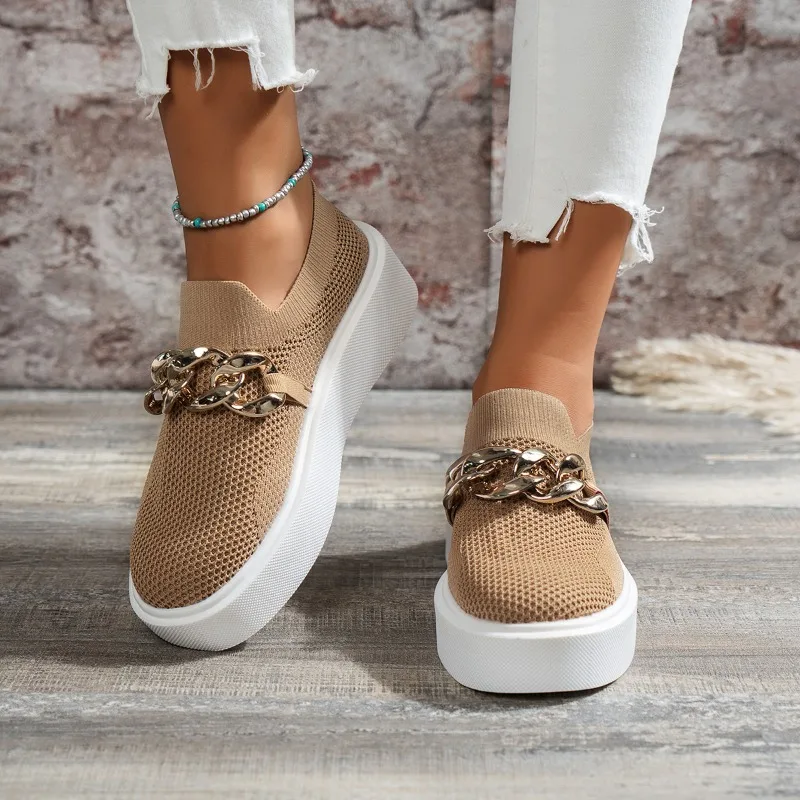 2024Ladies Spring New Fashion Metal Chain Designer Flat Non-Slip Vulcanized Shoes Daily Casual Walking Shopping Women Flat Shoes