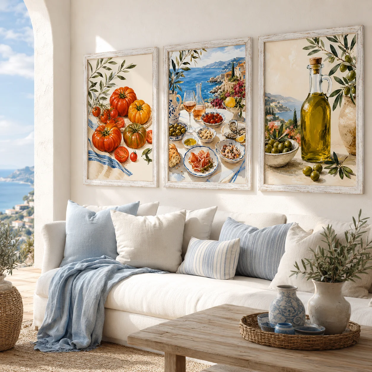 3PCS frameless decorative art print,3PCS Mediterranean Style, Warm Scene of Tomato Coast and Olive, Canvas Printed Poster, Suita