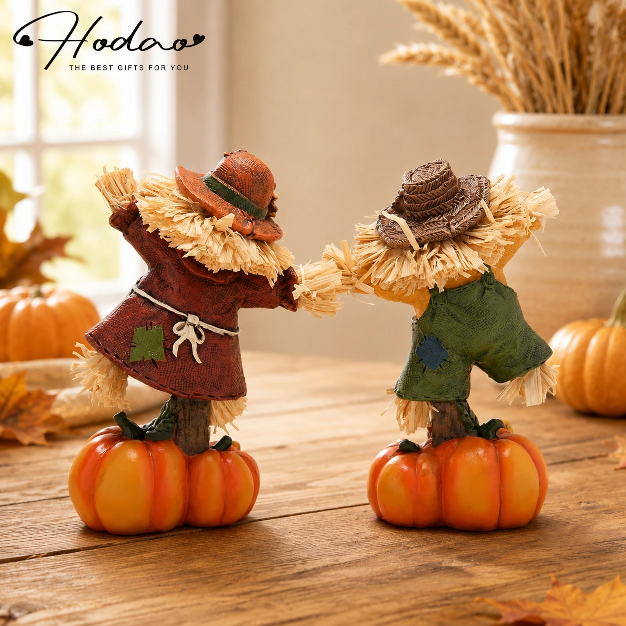 Hodao Set of 2 Fall Harvest Scarecrow Figurines, Resin Thanksgiving Pumpkin Decor, Hand-Painted Dancing Farmer Couple Statue with Cute Sunflower Accents, Fall Collectible Ornament, Seasonal Holiday Gift for Indoor, Patio, and Yard Home Display