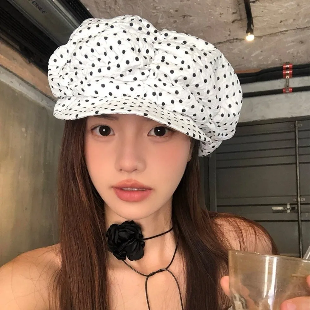 Y2K Versatile Oversized Cloud Hat Korean Style Breathable Mushroom Cap Polka Dot Print Beret for Women