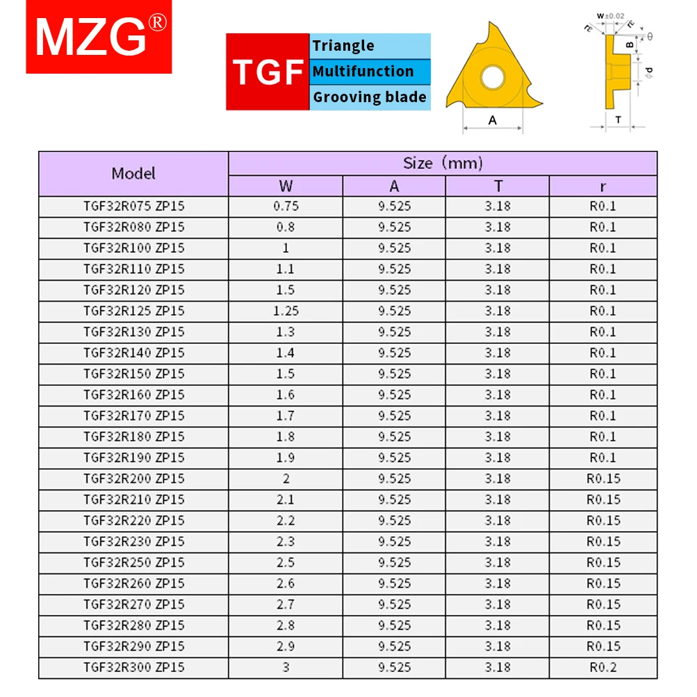 MZG 10pcs TGF32R Groove Inserts  Lathe Tungsten Steel Alloy Purple Coating CNC S​hallow Groove Machining Inserts