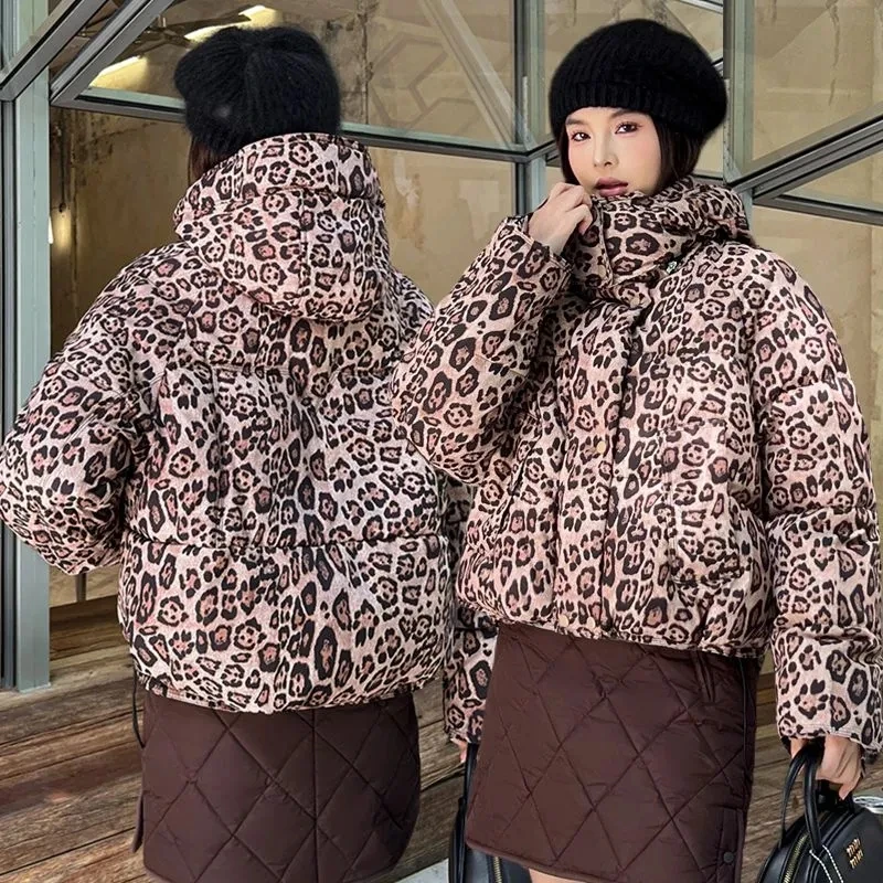 

Leopard Print Warm Cotton Jacket Ladies Winter 2025 New Down Cotton-Padded Coat Women's Parkas Fashion Outcoat Hooded Overcoat