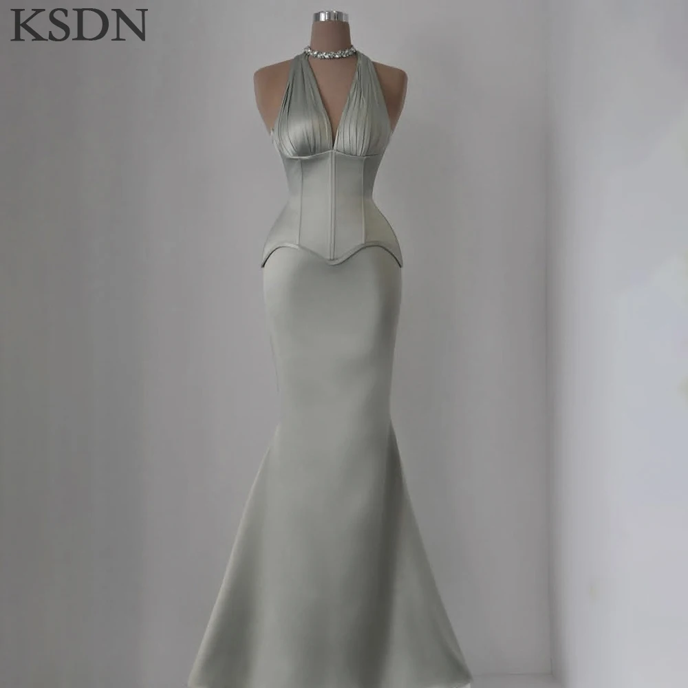 

KSDN Вечерние платья с бретелькой на шее, модные атласные платья без рукавов со шлейфом, элегантные женские платья для особых случаев, Vestidos