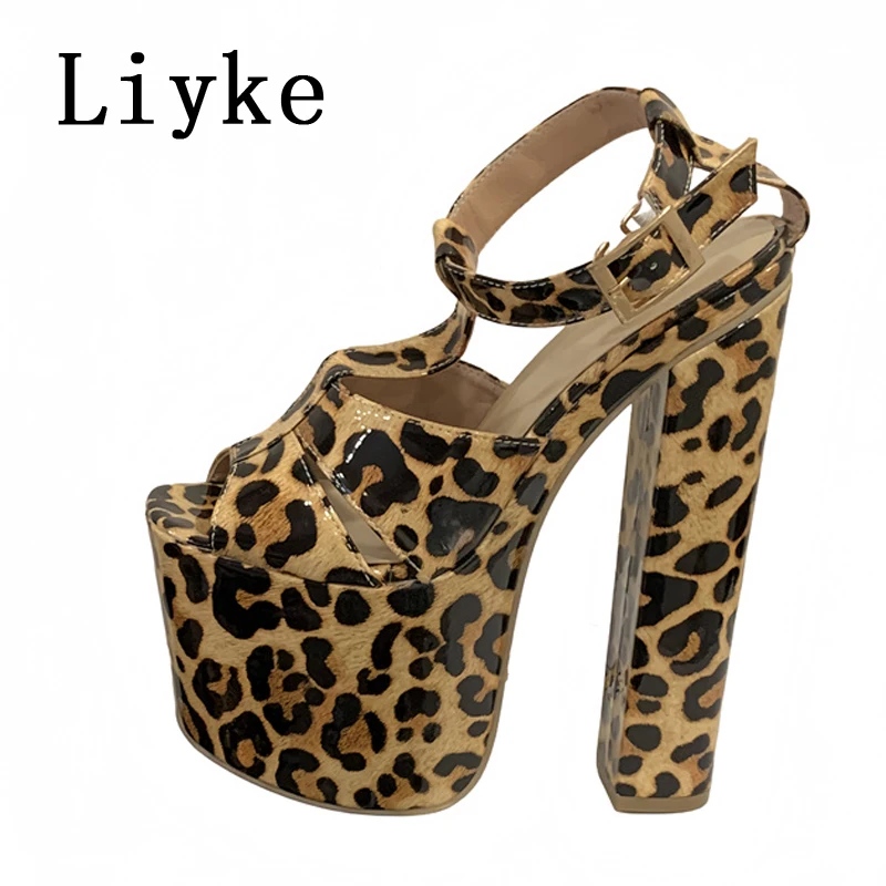 

Liyke/пикантные сандалии на массивной платформе с леопардовым принтом, женские туфли с открытым носком и пряжкой на ремешке 18 см, женская банкетная обувь на очень высоком каблуке