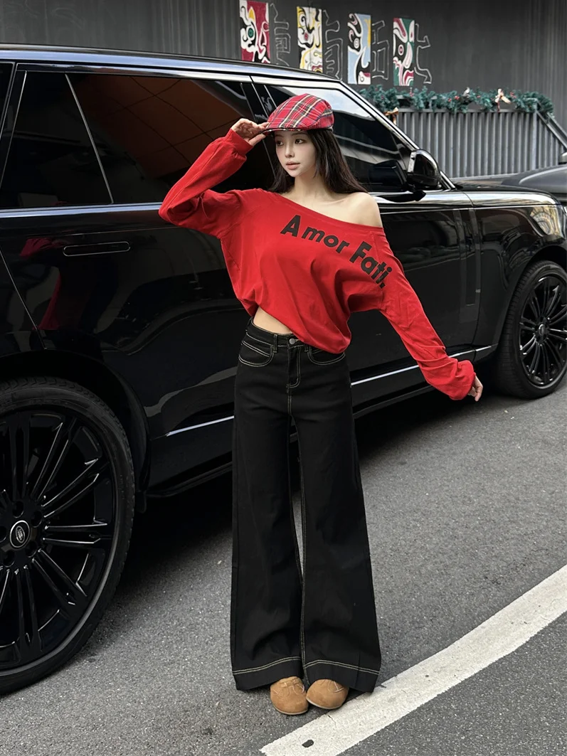 

Retro American Washed Black Denim Pants Women's Loose High Waist Wide Leg Floor Length Trousers Spring Seasonal Fashion