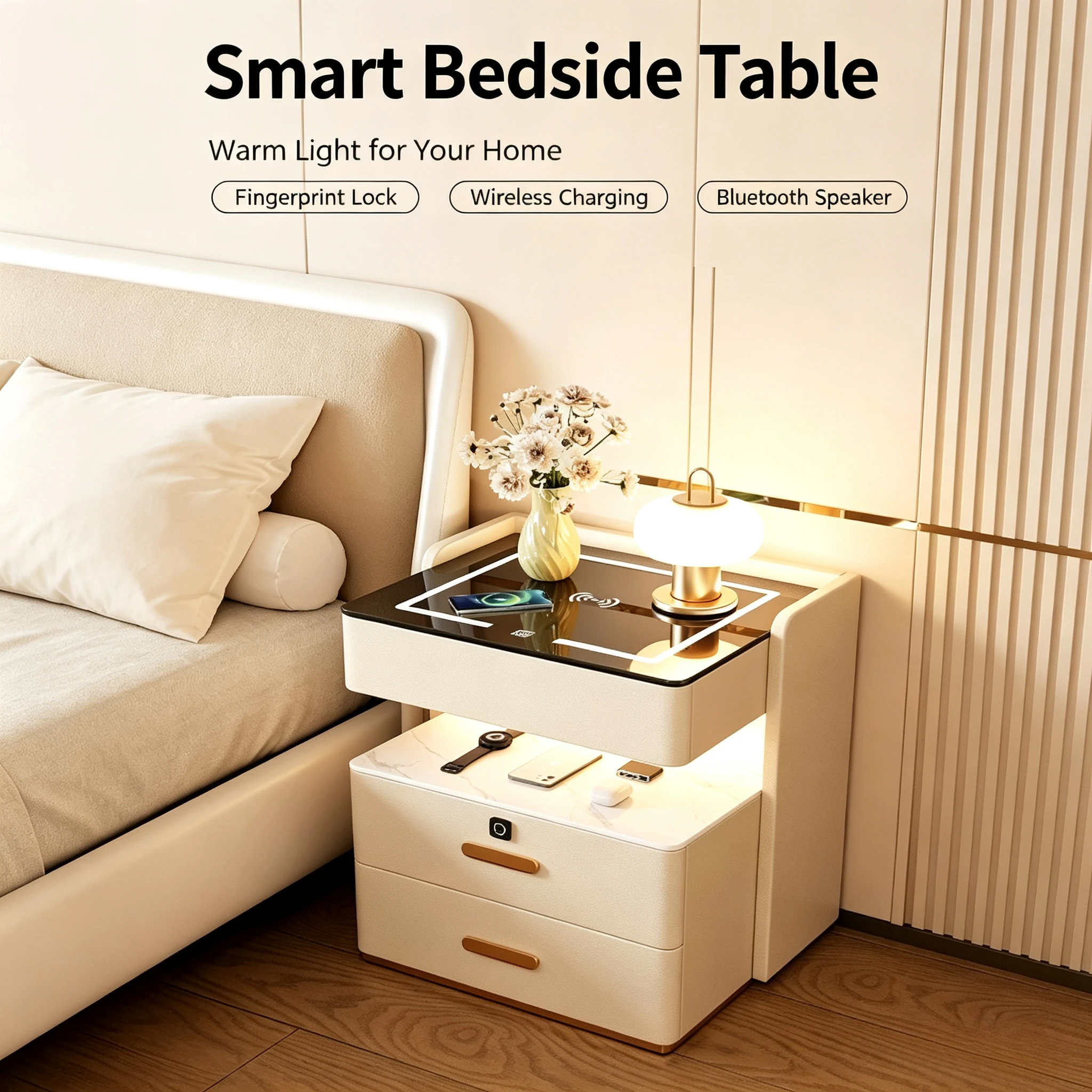 45x40x58cm Smart Bedside Table Modern Simple Light Luxury Household Bedroom Storage Multifunctional Solid Wood Bedside Table