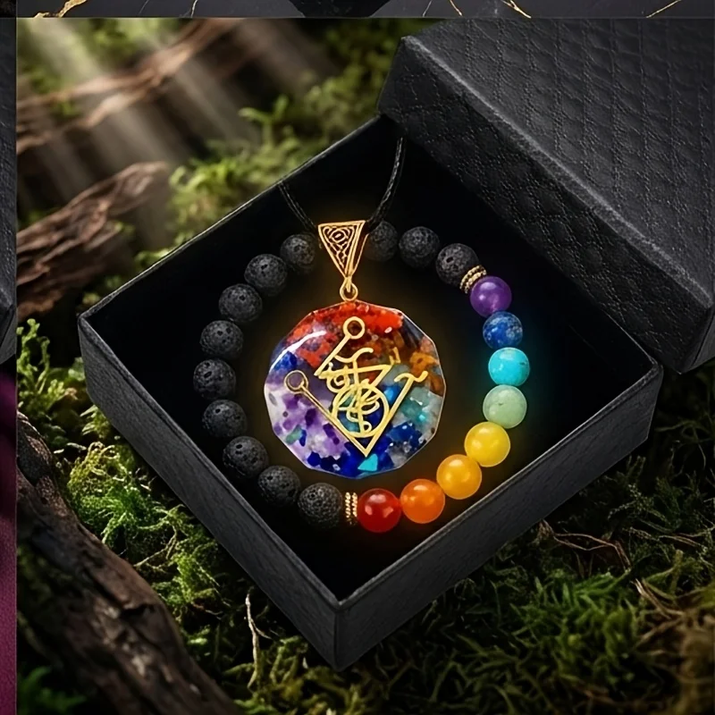 4PCS Chakra Seven Color Natural Stone Crystal Jewelry Set with Flower of Life & Metatron's Cube7 Chakra Orgonite Energy Pendant