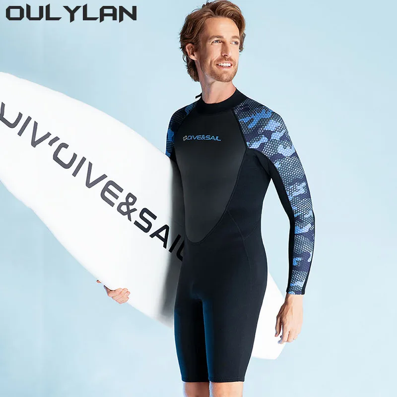 Oulylan Wetsuit 2MM Neoprene Shorty Men Front Zip Long Sleeves Diving Suit for Underwater Snorkeling Swimming Surfing Wet Suits