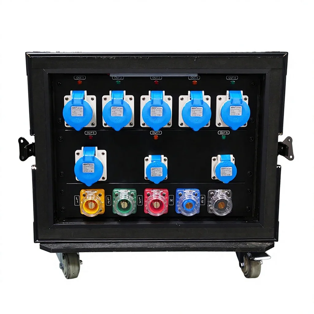 ABCCABLS 8CH 380V Stage Power Distribution Box | 8*IP44 16A Schuko Industrial Socket Wheeled Cabinet 250A Input Indoor/Outdoor
