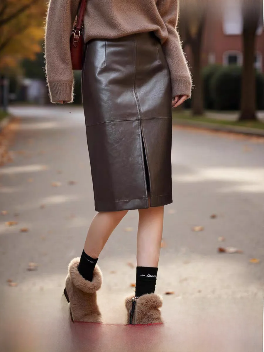 

Slimming Straight Leather Skirt High Waist Zipper Design Front Slit Mid-Rise Polyester Casual Sle Women's Faion