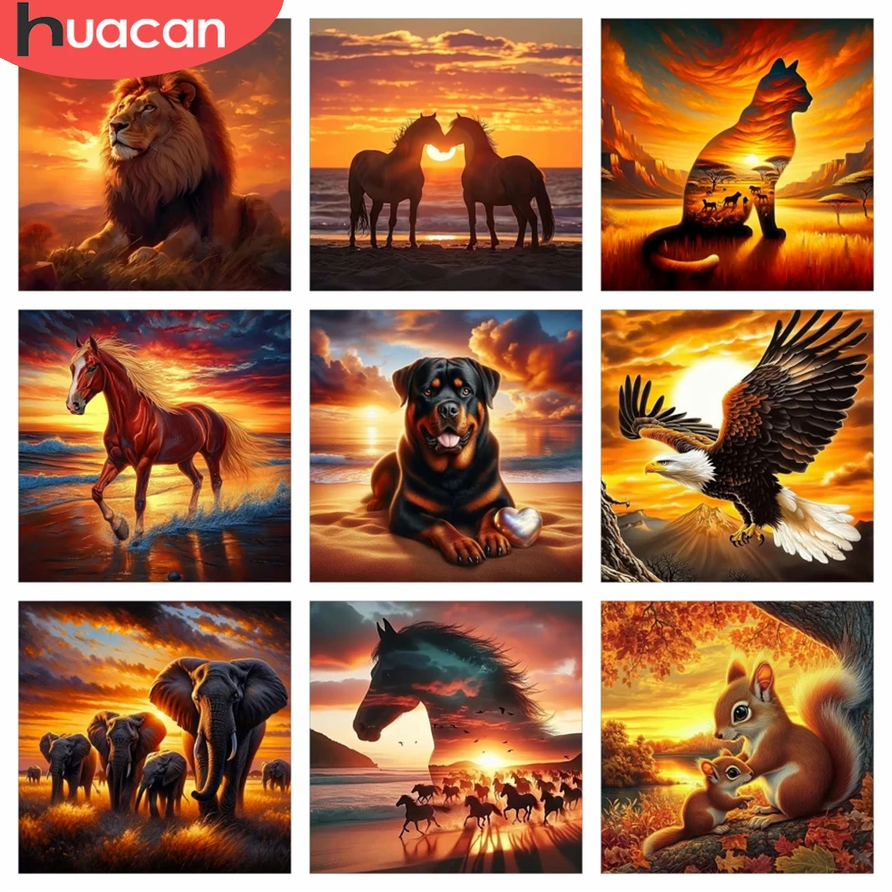 HUACAN Horse Diamond Painting 5d Animal Sunset Dog Diamond Mosaic Elephant Lion Cat Eagle Squirrel Pictures Seaside Full Kits
