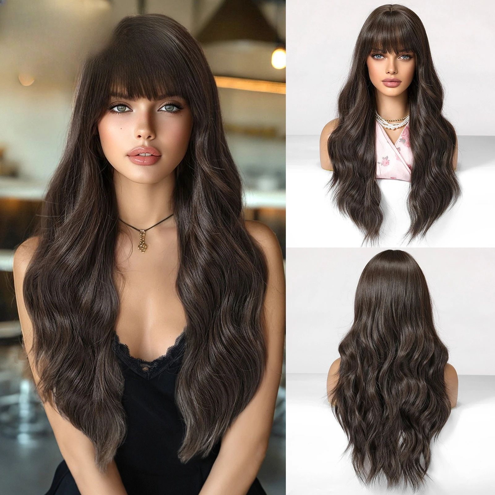 

Summer Thin Wig Full Head Hairstyle American Vintage Black Brown Natural Qi Bangs High Cranium Top Long Curly Hair Wigs