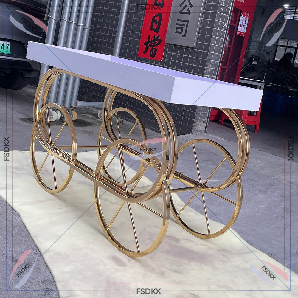 FSDKX Disassemble Design Gold Stainless Steel Carriage Cake Display Candy Cart for Baby Shower Birthday