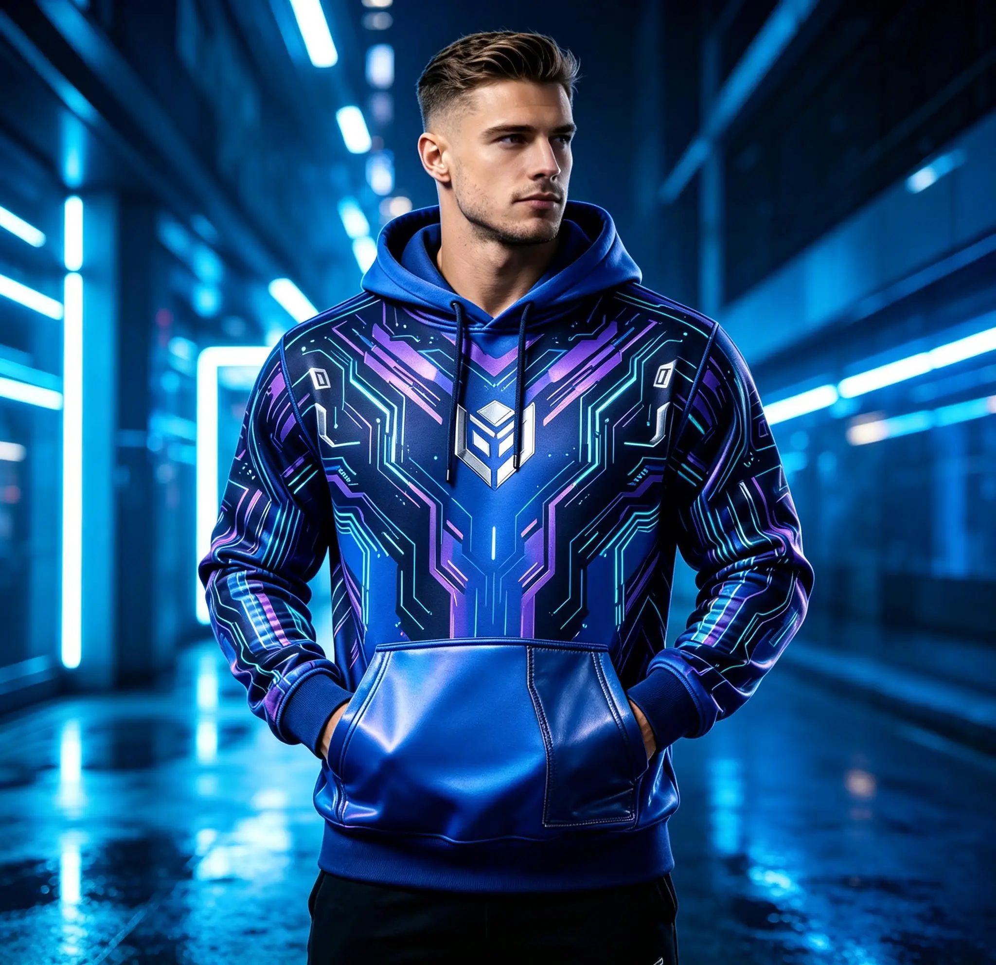 Men Fleece Lined Hoodie Blue Purple Cyber Circuit All Over Print Drawstring Pullover Streetwear Sweatshirt