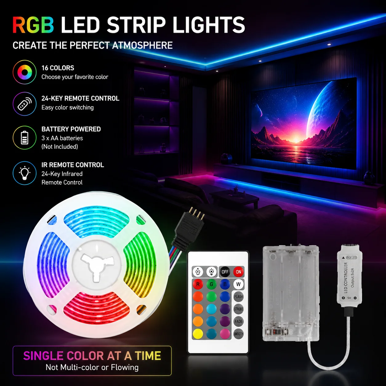 RGB light strip for bedroom decoration, 24-key remote control, battery powered (batteries not included), LED lights for holidays