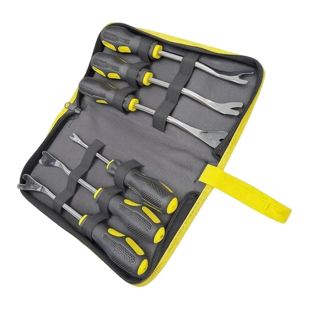 Car Trim Fastener Removal Tool Kit for V-Shaped and U-Shaped Plastic Clips 6-Piece Steel-and-Rubber Set with Hanging Loop