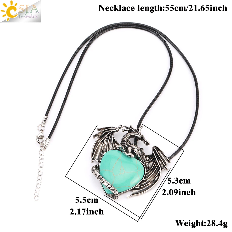 CSJA Vintage Dragon Man Necklace Natural Stone Tiger Eye  Heart Crystal Shape Pendant Amulet Necklaces for Woment Jewelry H237