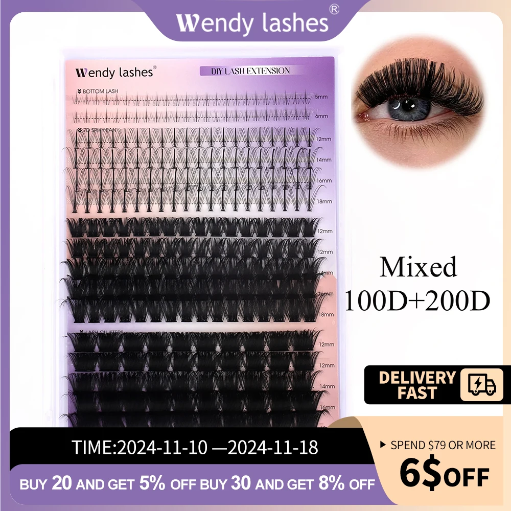 Wendy  Lashes Cluster Lashes 16rows Large Tray 10D+20D/30+40D Mix DIY Clusters Soft Lashes Extension Mixed Tray Faux Mink Lash