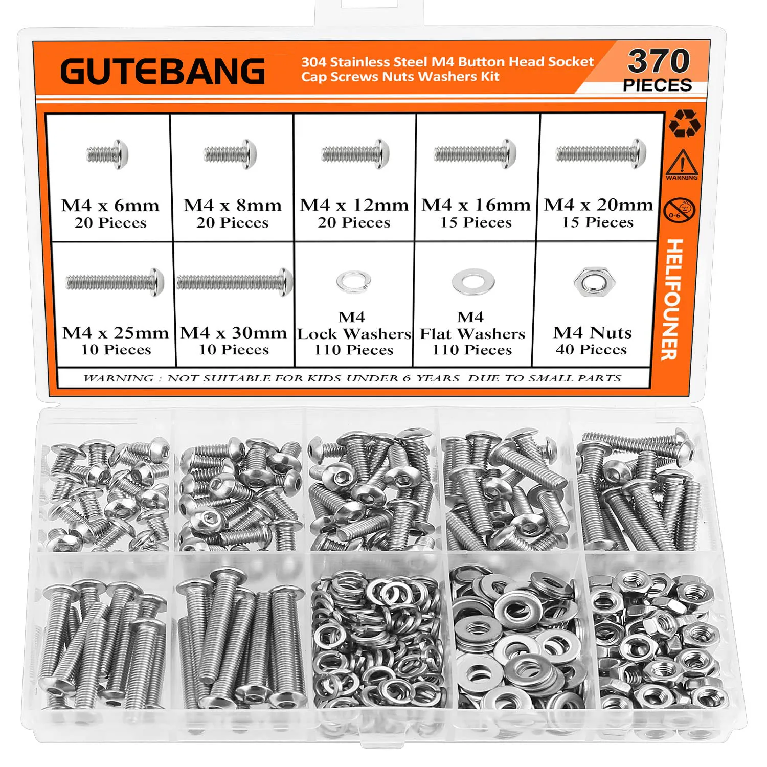 

370 pieces of M4 x 6/8/12/16/20/25/30mm, button head internal hexagonal screws, nuts and washers, stainless steel