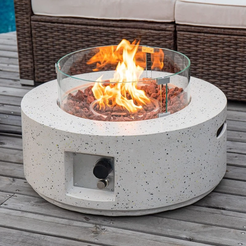 Outdoor Propane Fire Pit Coffee Table, 28-inch Terrazzo Round Base Patio Heater, 40,000 BTU Stainless Steel Burner