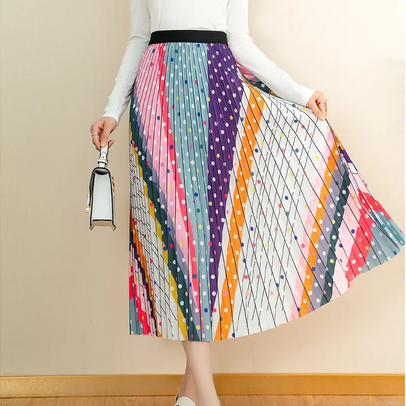 

Spring Color Block Patchwork Plaid A-line Long Pleated Skirts Cartoon Dotted Printed Calf Long Skirts