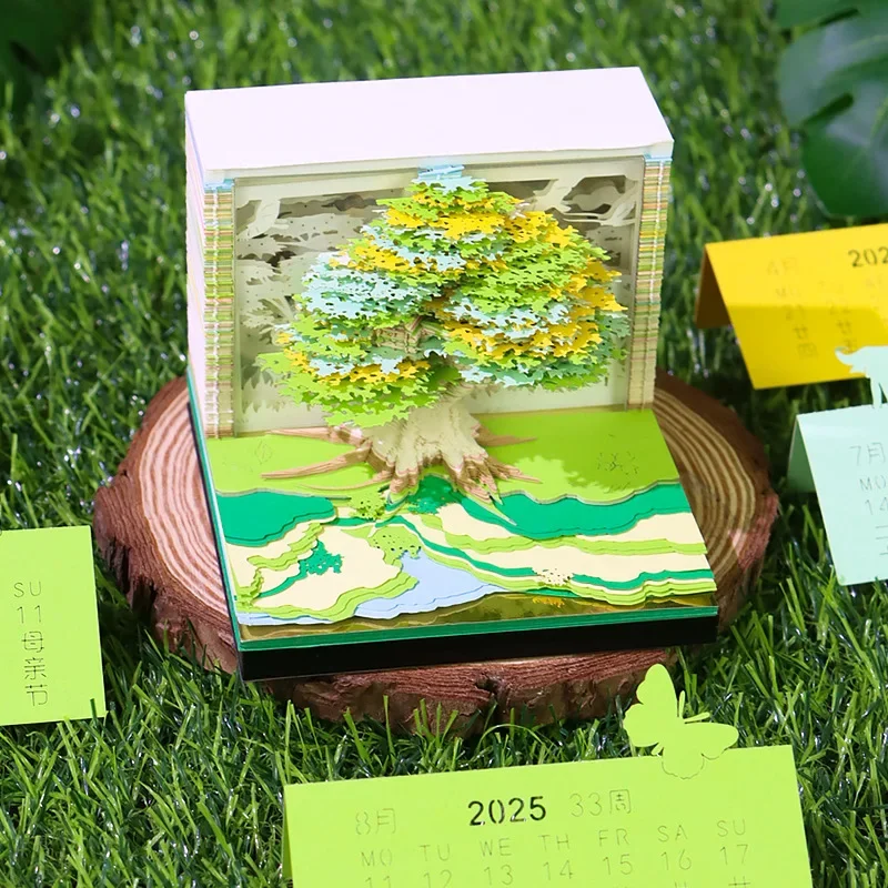 Fate Tree Home Calendar 3D Memo Pad Sticky Note Book Paper Engraved Weekly Calendar with Light  Creative Gift Desktop Ornament