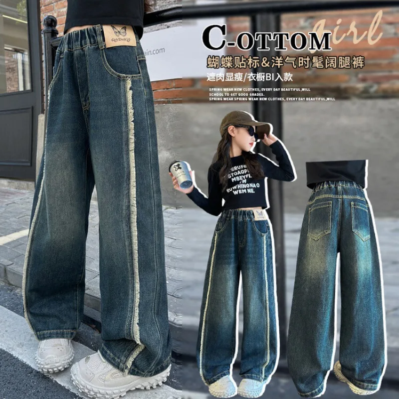 Pantalones de pierna ancha para niñas, Jeans de pierna recta con flecos para niños, estilo de otoño, nuevo