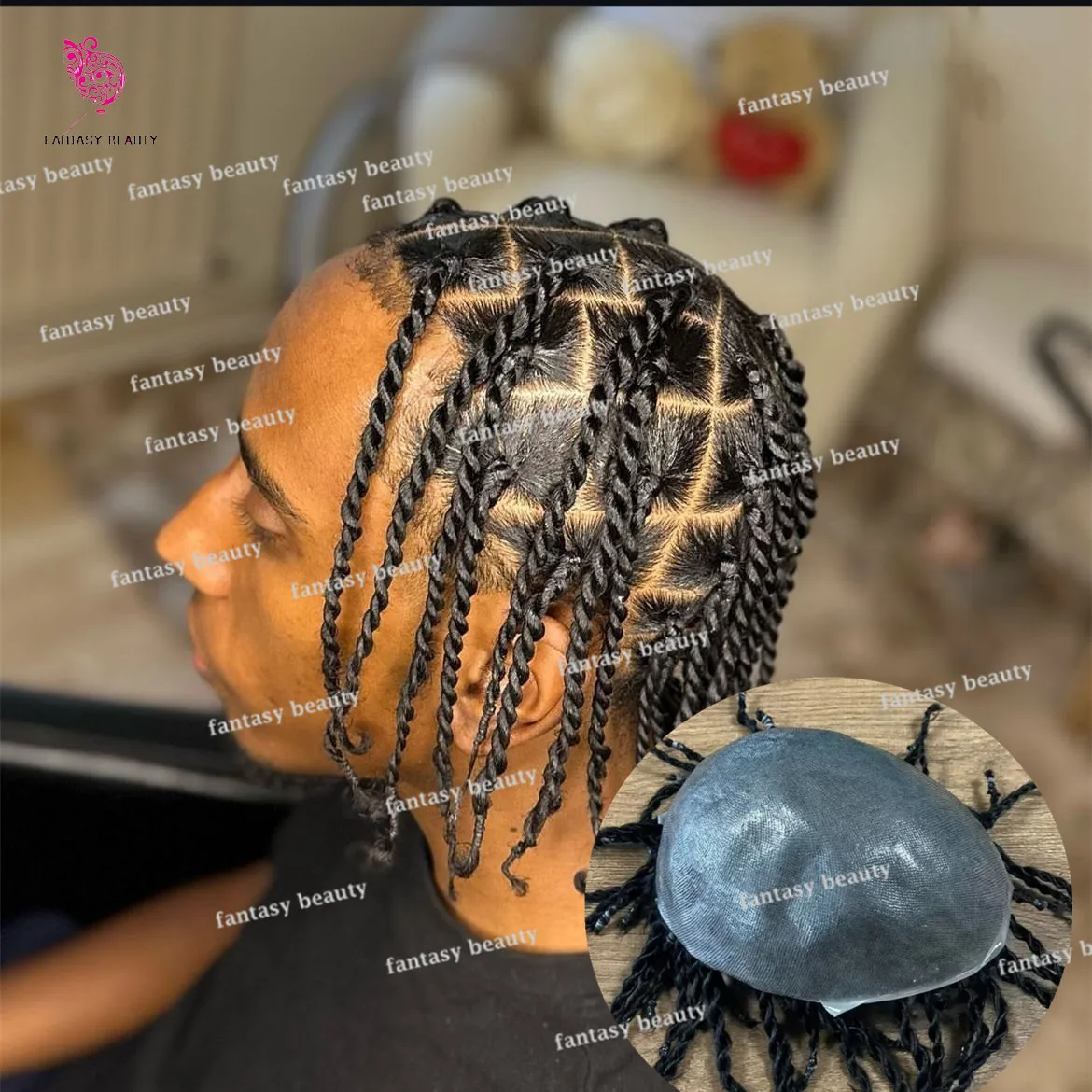 Afro Dreadlocks Black Men's Toupee Hand tied Braids Human Hair Microskin Full Skin PU Based Capillary Prosthesis System For Men