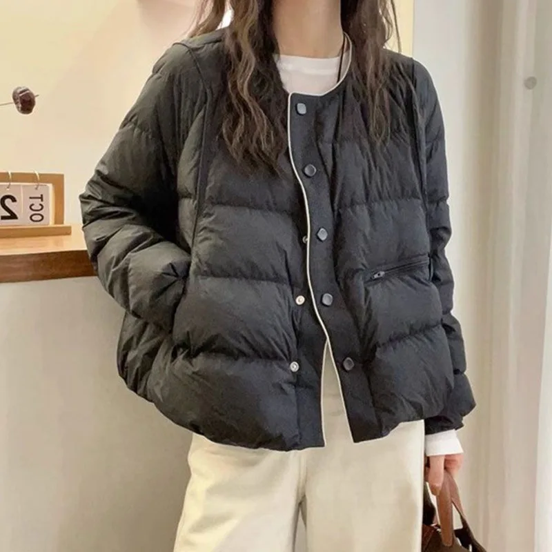 2025年冬 ホワイトダックダウン ダウンジャケット レディース シングルブレスト おしゃれ 欧米風 ルーズ ラウンドネック ブレッドジャケット