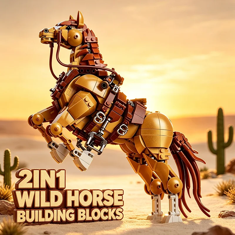 2-In-1 Wild Horse Building Blocks Warhorse Bricks Platic Model Kit Desktop Display Diy Assembly Game 1258Pieces Desktop Decor