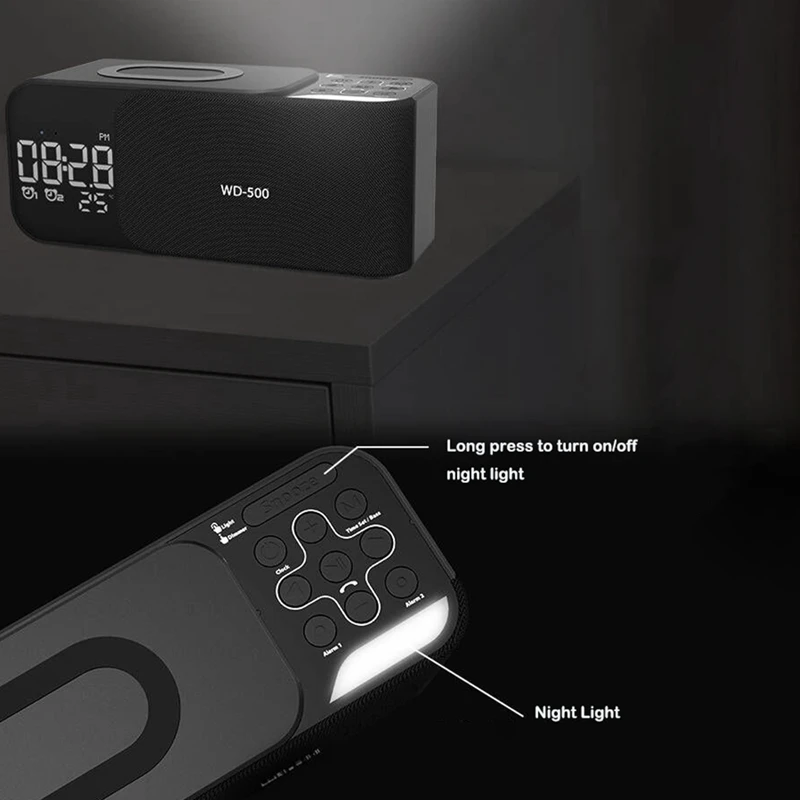 Radio FM stéréo numérique, réveil, veilleuse, haut-parleur Bluetooth, chargeur sans fil 10W, nouveau