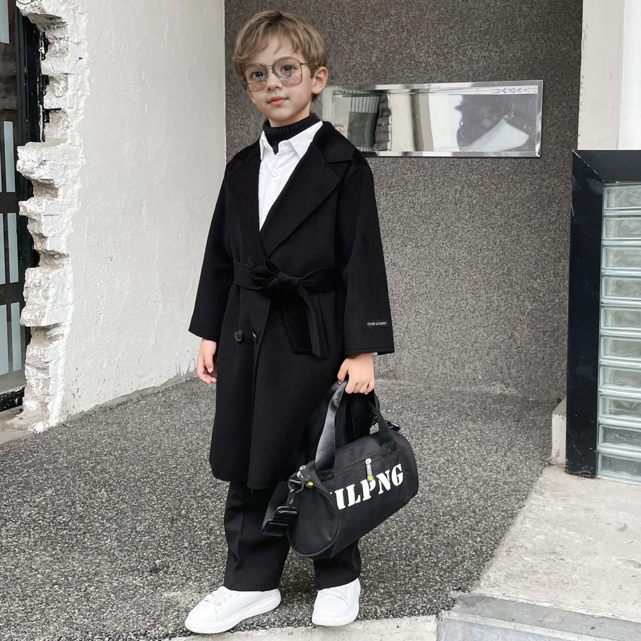 

Handsome Boys Black 007 Winter Warm Wool Coat Teen Kids Windproof Outdoor Long Jacket Children Photography Woolen Coat 3-15Y