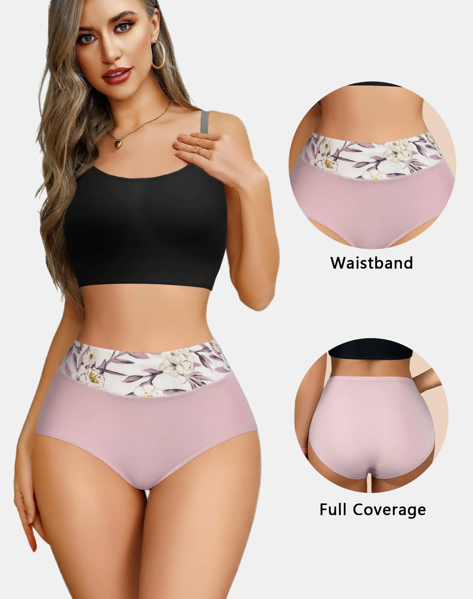 6pcs Middle Waist Cotton Underwear for Women Soft Breathable Ladies Panties with Floral Print Full Coverage Briefs