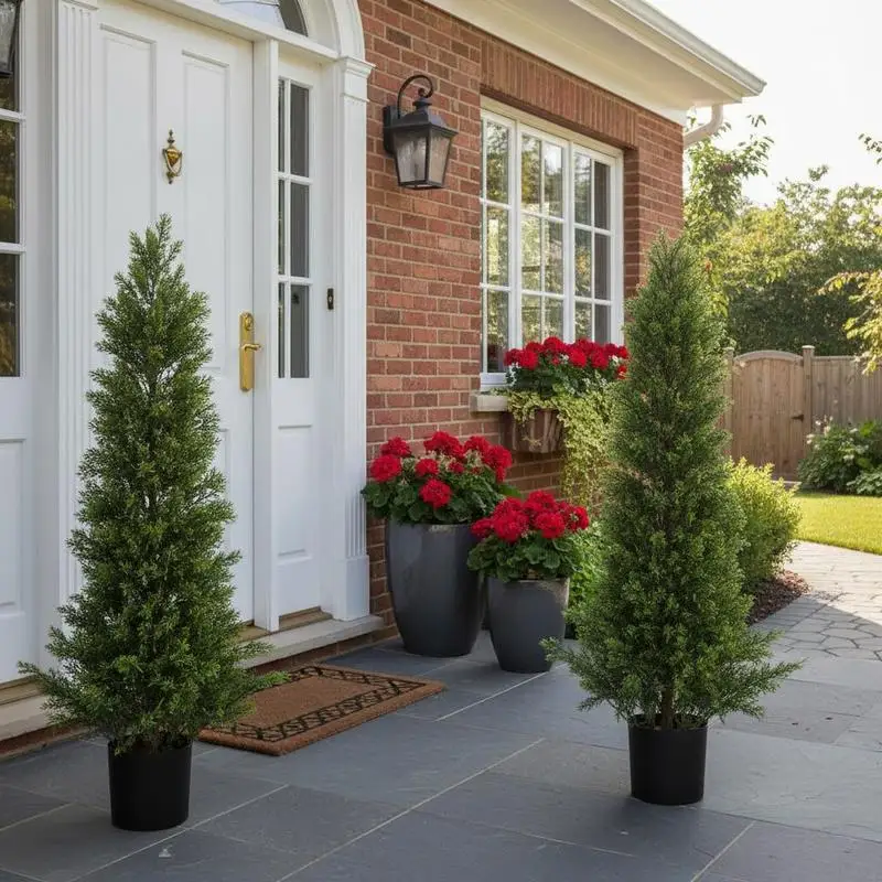 

Free Shipping-Fake Pine Shrubs 36 inch For Front Porch Patio Garden, 2 Set Easy Assembly Realistic Silk Foliage Indoor Outdoor G