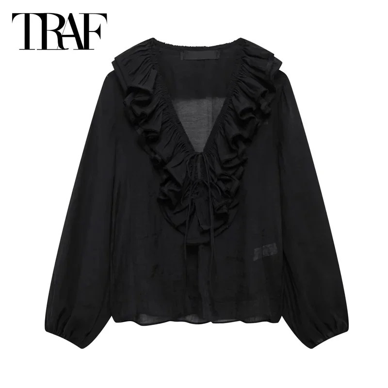 TRAF Ruffled Shirts&Blouses 2024 Summer Autumn Women\'s Elegant Butterfly Pleated Shirt Ladies Fashion Casual Long Sleeve Blouses