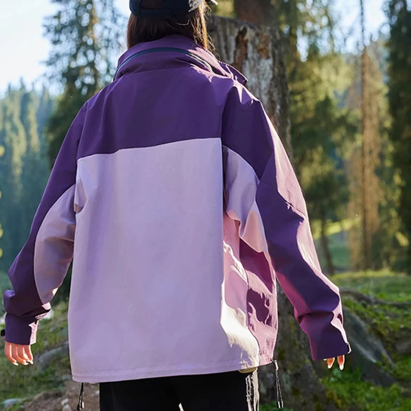 Loose Hooded Women's Windbreaker Jacket Fashion Mix Color Windbreaker Jacket Woman Outdoor Zipper Up Windproof Sports Coats Lady