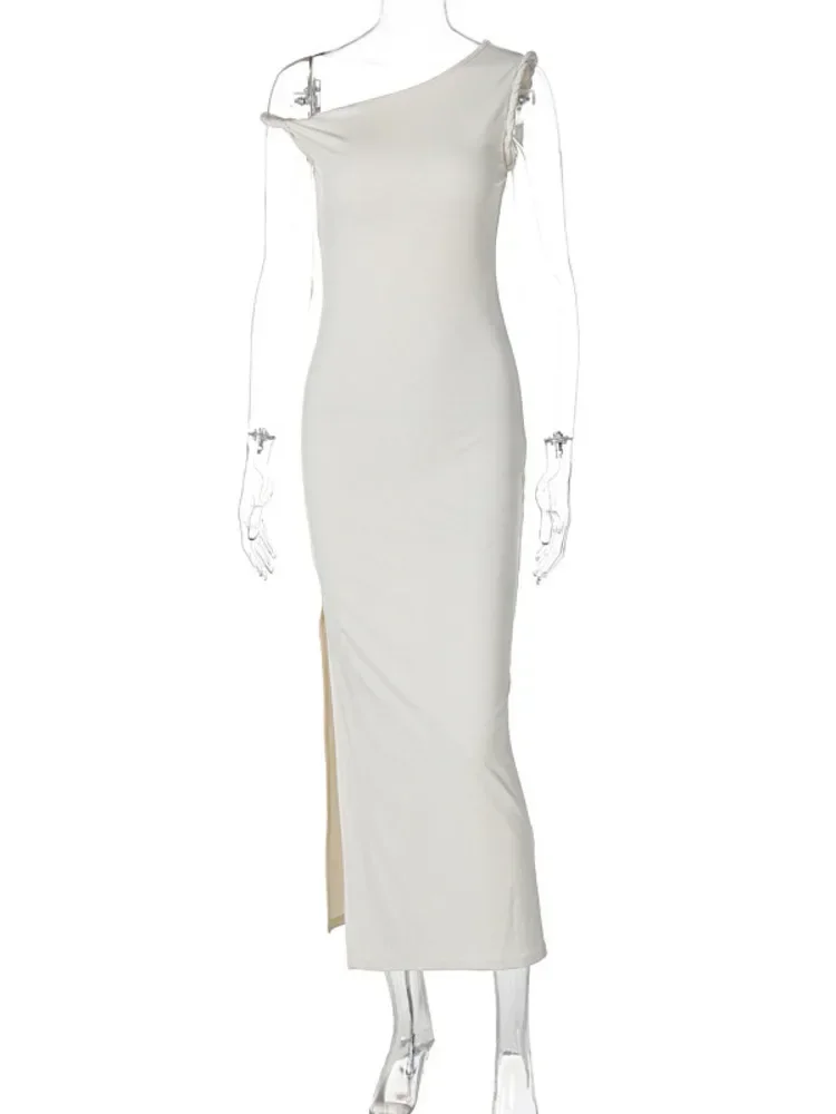 فستان ماكسي بكتف مائل بدون ظهر للنساء، ياقة قطرية، بدون أكمام، فستان طويل مثير أنيق #5