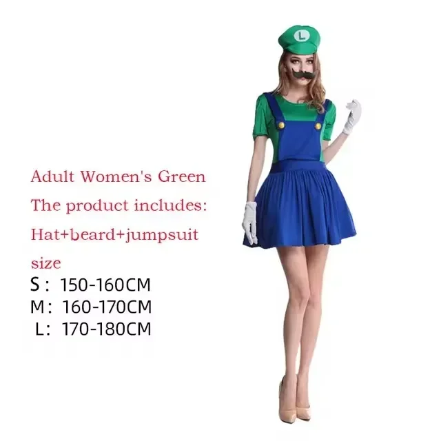 Anime Super Luigi Brothers Cosplay Volwassen Mannen en Vrouwen Jongens Meisjes Jumpsuit Baard Hoed Set Halloween Kostuum Rekwisieten