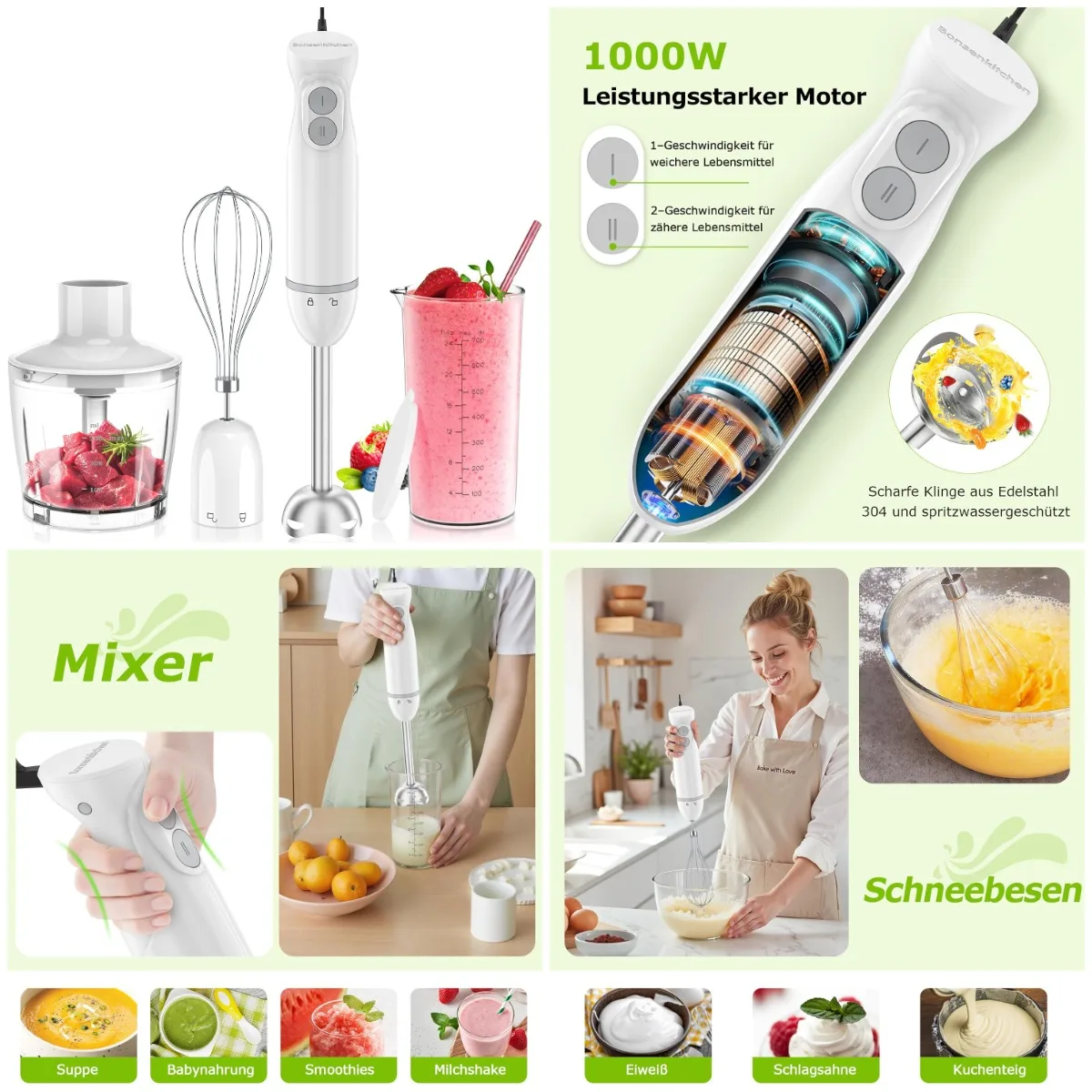 1000 W elektrischer Stichmixer, 2-Speed-Stufen, mit Messbecher, Lebensmittelhacker und Schneebesen, für Babynahrung, Suppe