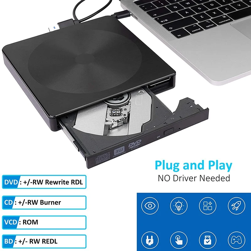 Unidade de DVD Bluray Externo Portátil, USB 3.0 e Tipo-C, Blu-Ray Burner, DVD Burner, Slim, 3D