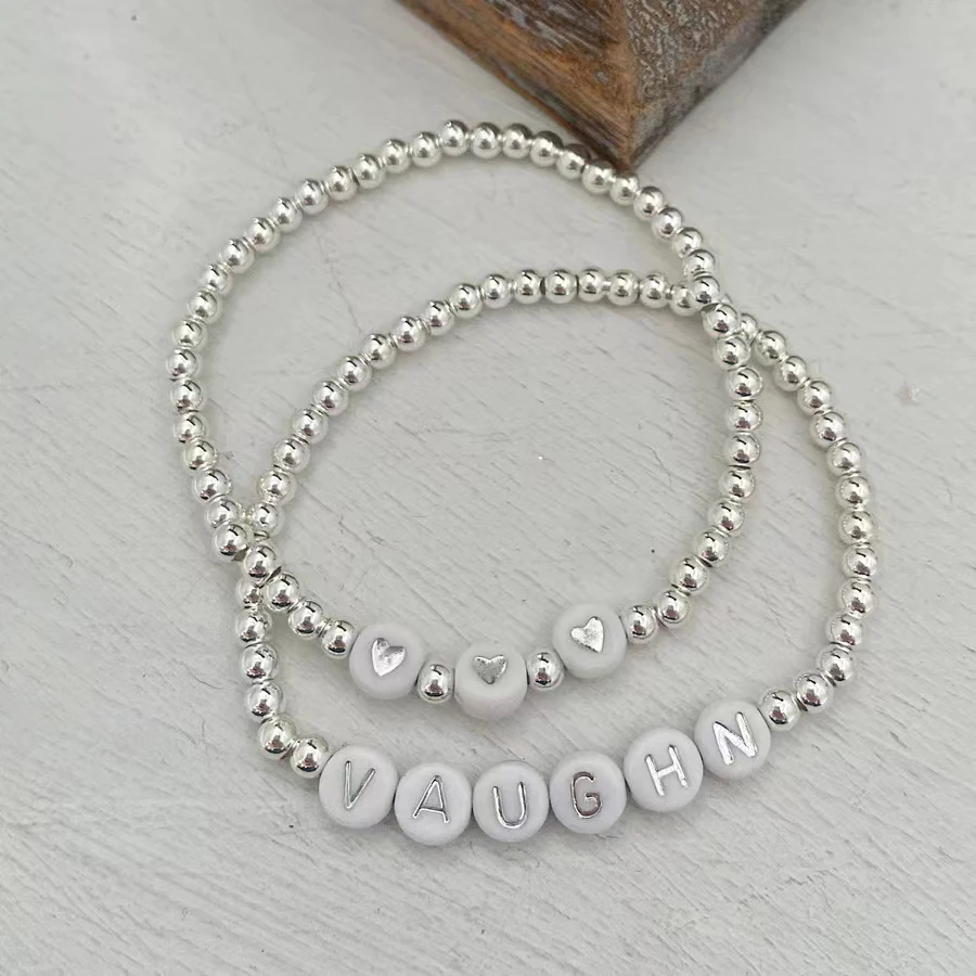 Simple Classic Silver-color CCB Round Beads Elastic Bracelet Personalized Custom Name Jewelry Man Women Unique Gift Adjustable