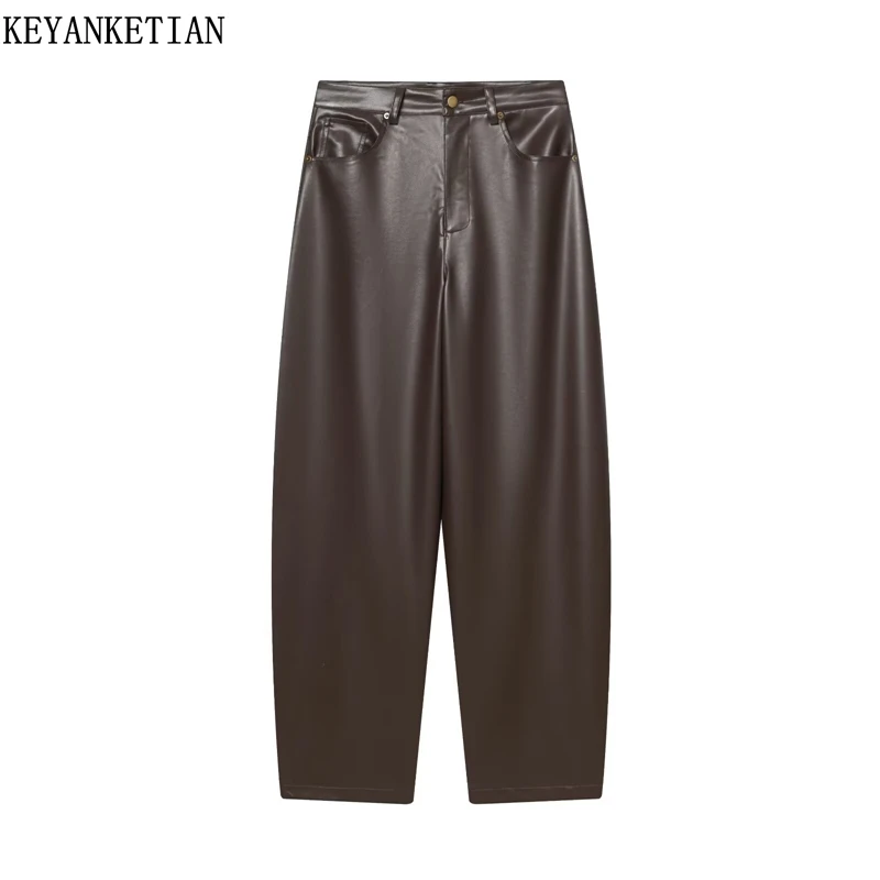 KEYANKETIAN Lente Nieuwe dames kunstleer Casual broek Retro-stijl Rits Hoge taille Losse zakken Bruine lange broek