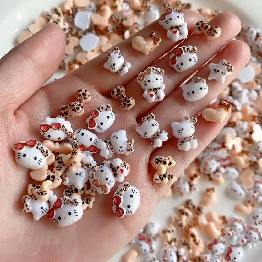 50PCS Leopard Print Hello Kitty 3D Resin Nail Charms Mix Cartoon Flatback Nail Decor DIY Manicure Accessories