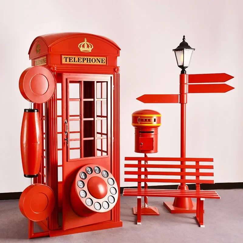 BJ-20 Iron Telephone Booth Set Mailbox Street Sign Landscape Double Long Chair Mall Bar Outdoor Decoration Props